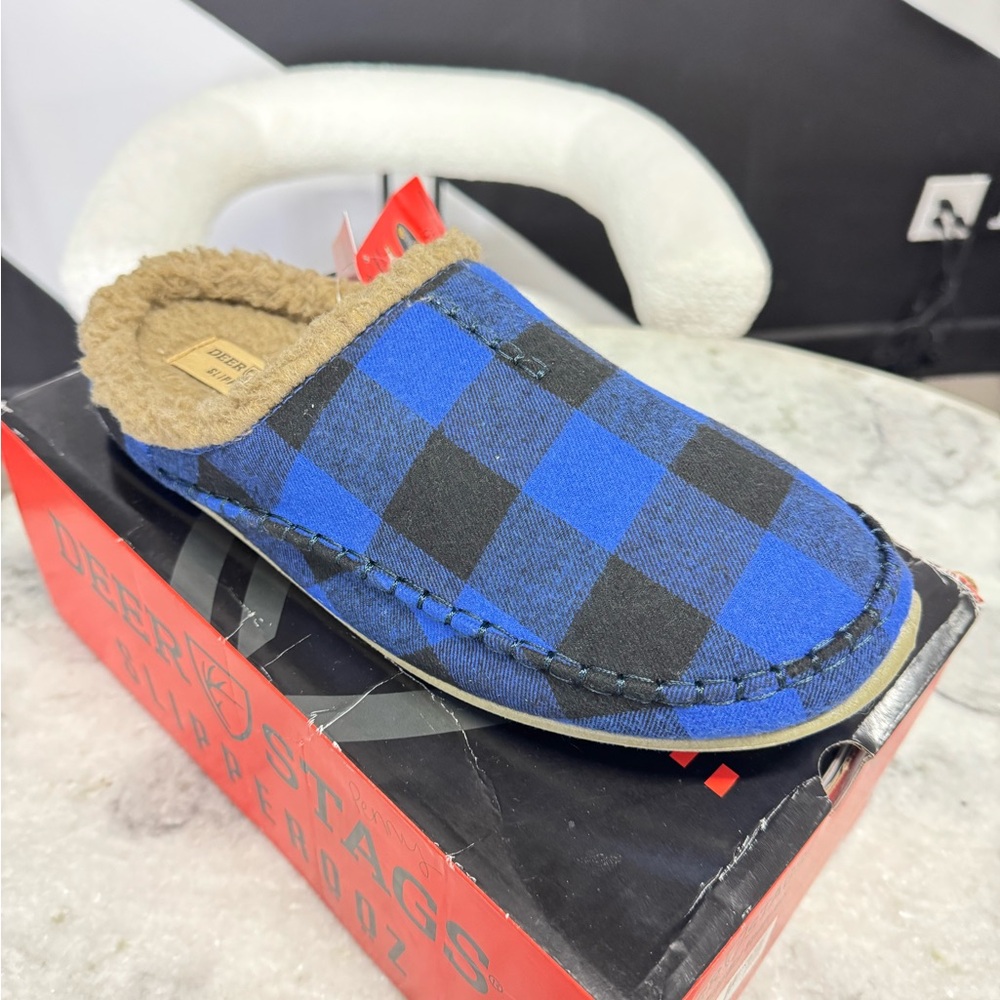Deer Stags Blue and Black Checkered Slippers